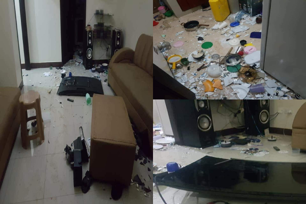 A young lady destroyed her boyfriend's properties in his apartment after she discovered some nude photos of another lady on his phone.