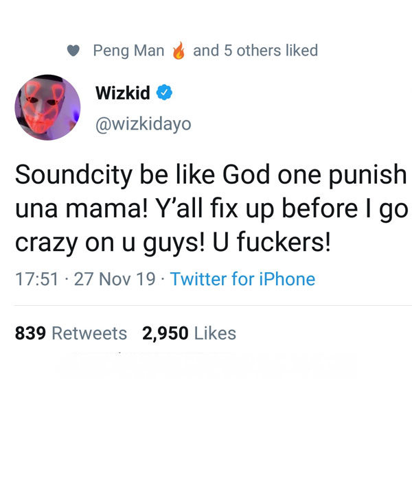 Wizkid deletes his tweet after raging