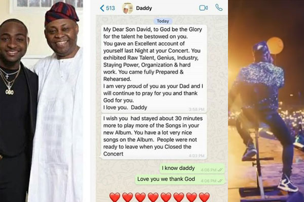 Davido's dad, Chief Adeleke pens lovely message to his son to congratulate him for his successful concert.