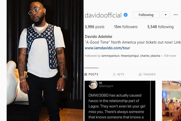 Davido tops the list of nigerian celebrities on Instagram as he hits 15million Instagram followers