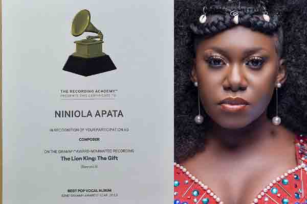Niniola receives Grammy award certificate