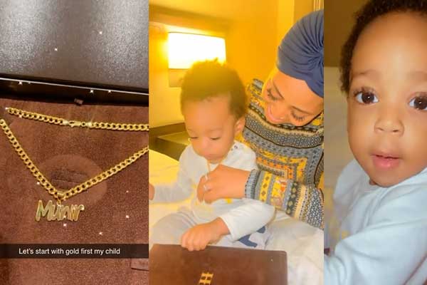 Regina Daniels adorns her son Munir with a cusomized gold necklace