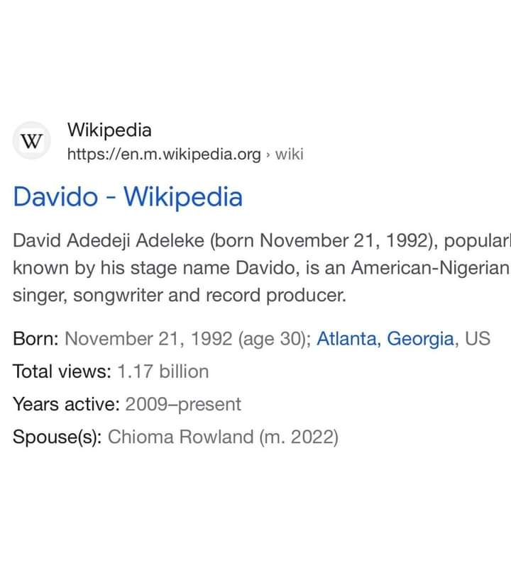 Davido Updates Marital Status on Wikipedia