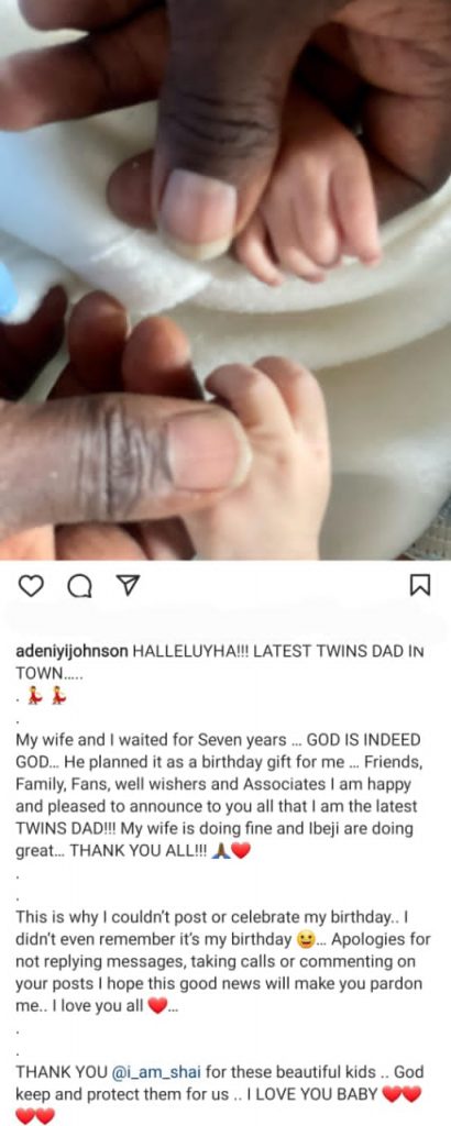 Actor Adeniyi Johnson And His Wife Welcomes Twins After 7 Years Of Marriage 