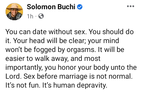 Media Personality Solomon Buchi Speaks Against Sex Before Marriage 