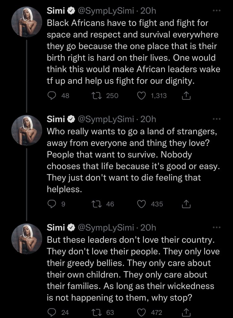 Singer Simi Reveals Why People Leave Their Countries As She Condenms African Leaders 