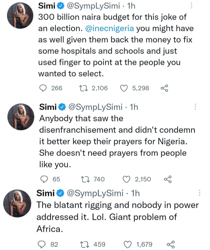 “Election Budget Should Have Been Used To Fix Hospitals And Schools”- Singer Simi To INEC