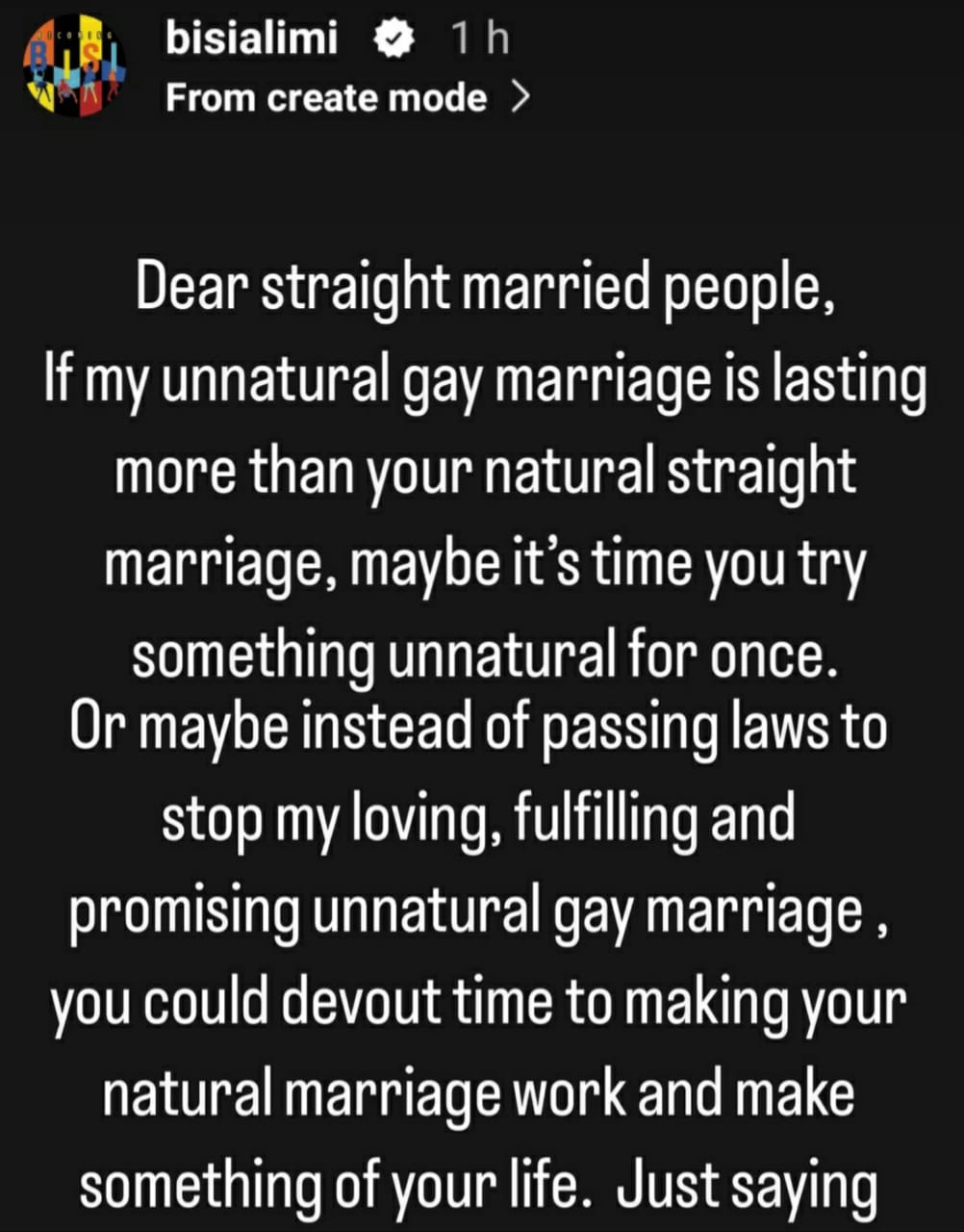 Try something unnatural for once- Bisi Alimi speaks to straight people with failed marriages 