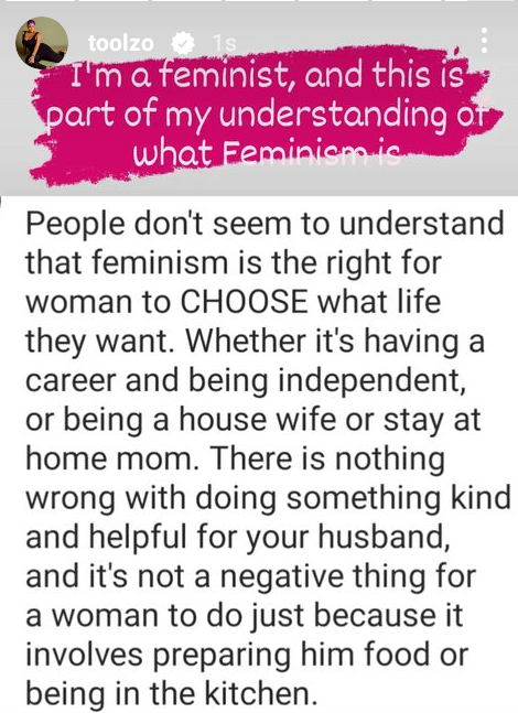 “There’s nothing wrong with doing something helpful for your husband”-Media Personality, Toolz School People On Feminism 