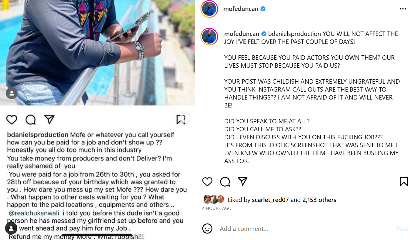 Actor Mofe Dunkan Reacts To Being Called Out By A Filmmaker For Allegedly Not Showing Up At A Film Set After Being Paid 