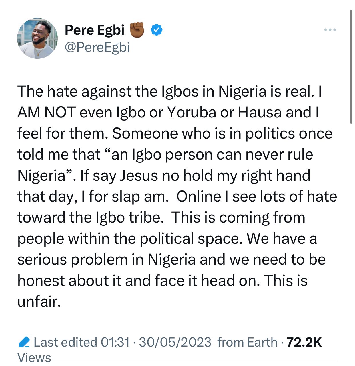 BBNaija Pere Speaks Up Against Hatred Towards Igbos In Nigeria