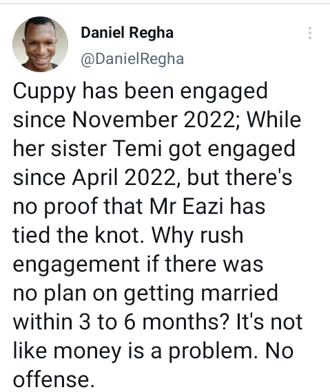 “Mind your business”- Temi Otedola replies, Twitter Influencer, Daniel Rega’s comment about her engagement with Mr. Eazi 