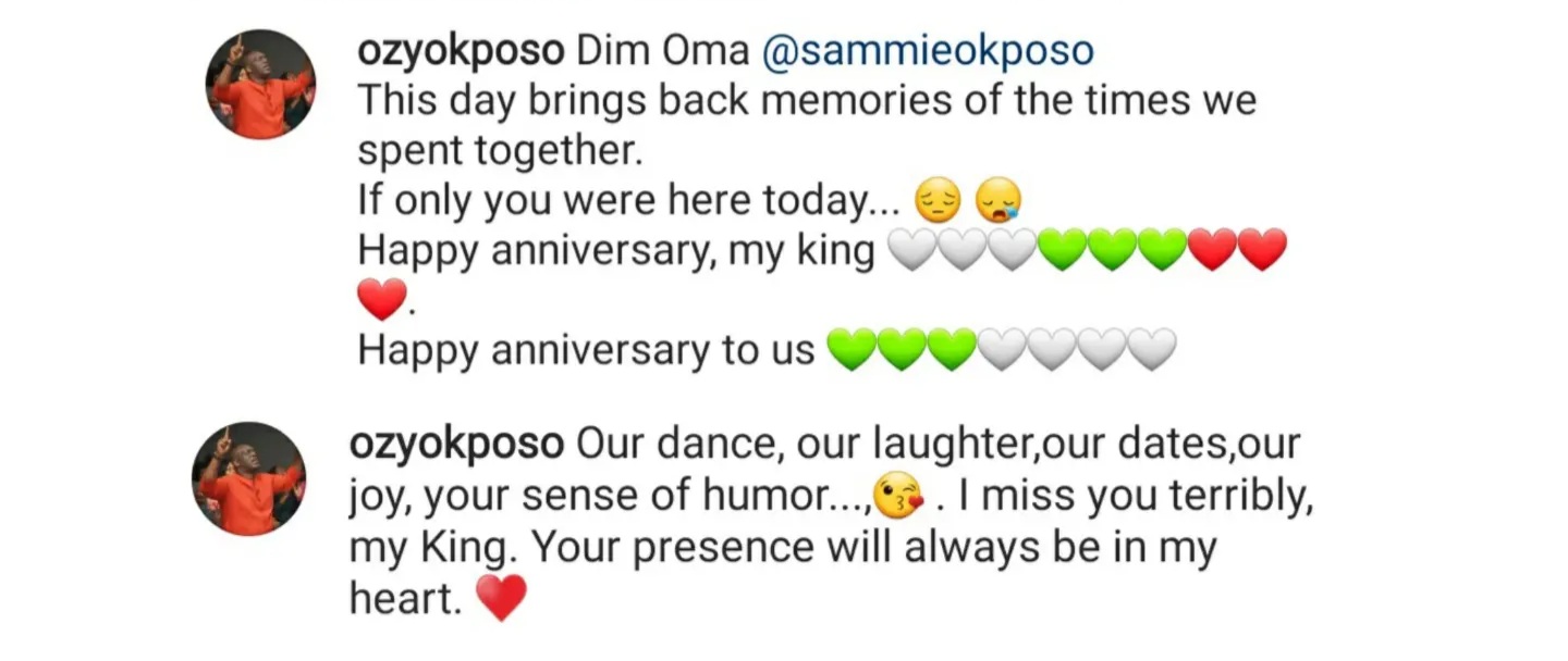 “I Miss You Terribly My King”- Late Sammie Okposo’s Wife Writes As She Celebrates Their 13th Wedding Anniversary 